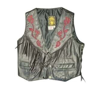 Vintage Gypsy Leathers Fringe Biker Vest, Red Rose Embroidery - Made in USA